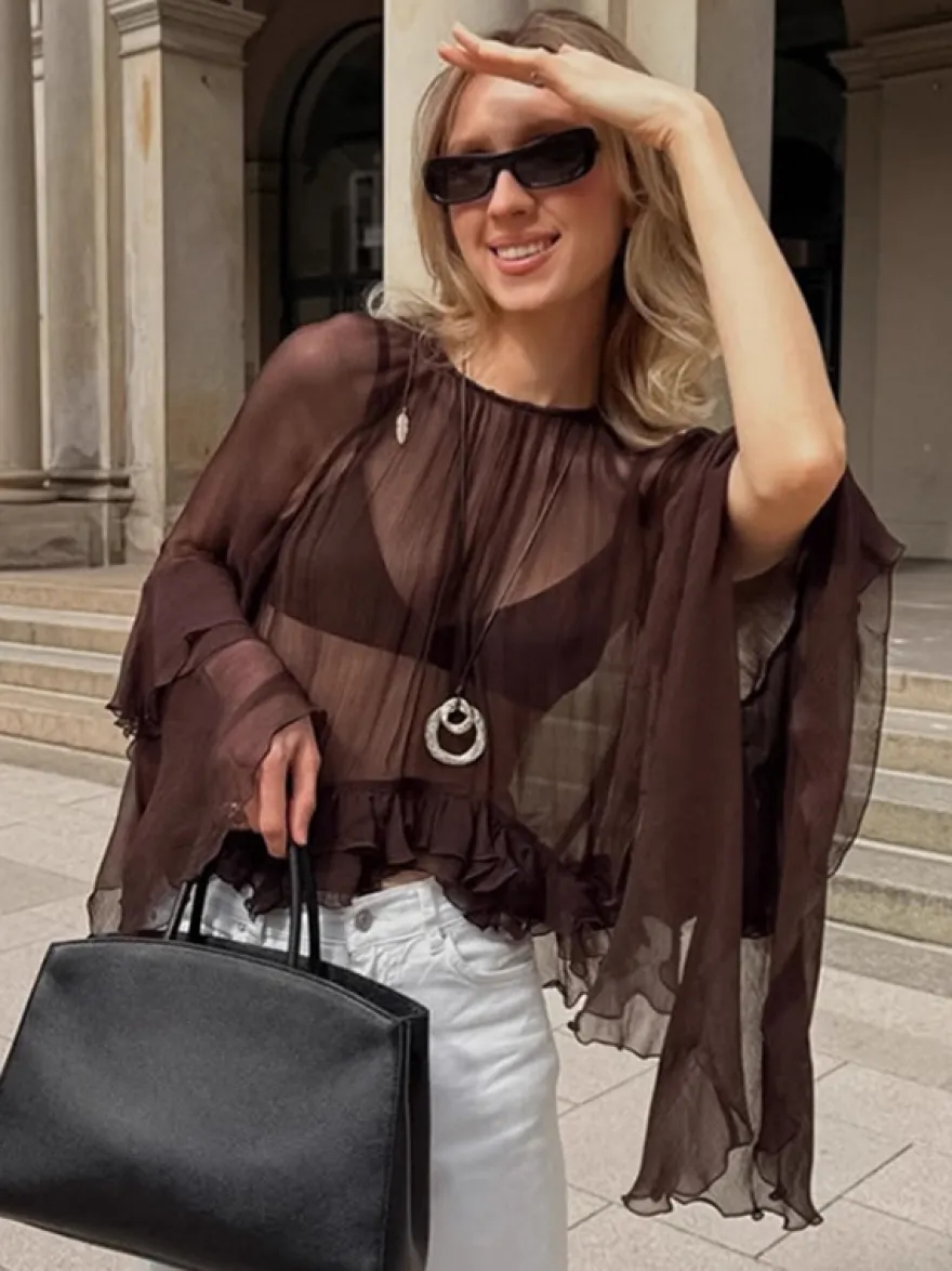 Chemisier en mousseline transparente à manches évasées pour femme - Style bohème marron volants étagés coupe ample - Idéal pour les soirées de printemps 2026