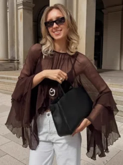 Chemisier en mousseline transparente à manches évasées pour femme - Style bohème marron volants étagés coupe ample - Idéal pour les soirées de printemps 2026