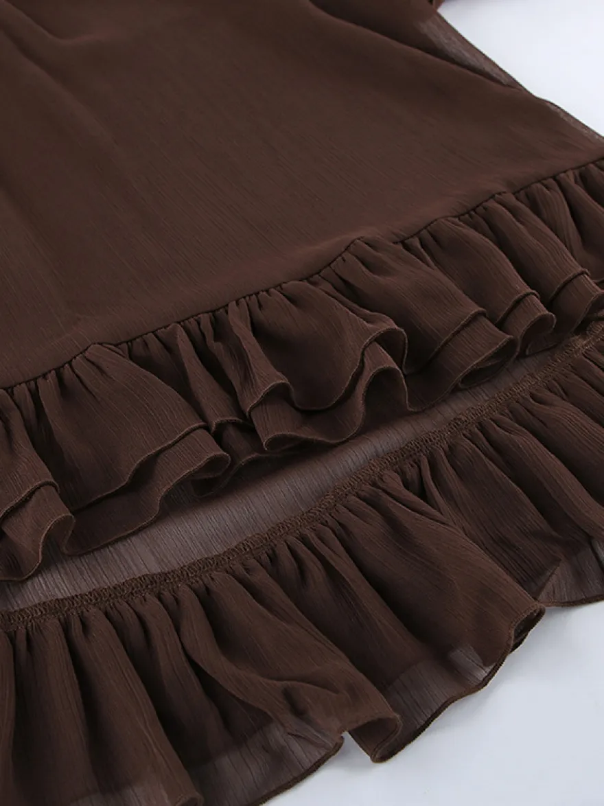 Chemisier en mousseline transparente à manches évasées pour femme - Style bohème marron volants étagés coupe ample - Idéal pour les soirées de printemps 2026