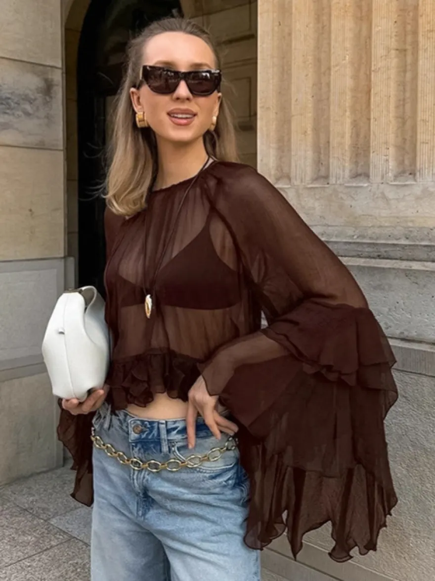 Chemisier en mousseline transparente à manches évasées pour femme - Style bohème marron volants étagés coupe ample - Idéal pour les soirées de printemps 2026
