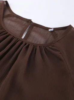 Chemisier en mousseline transparente à manches évasées pour femme - Style bohème marron volants étagés coupe ample - Idéal pour les soirées de printemps 2026