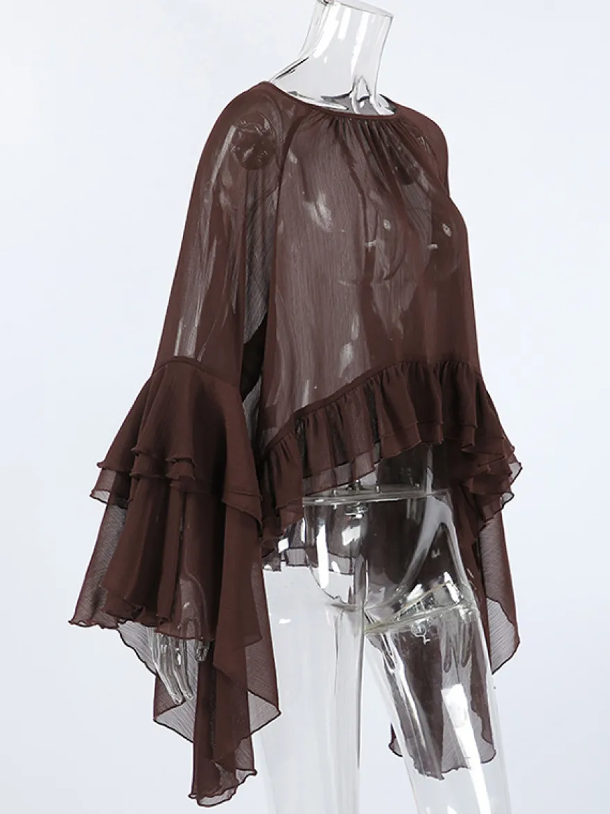 Chemisier en mousseline transparente à manches évasées pour femme - Style bohème marron volants étagés coupe ample - Idéal pour les soirées de printemps 2026