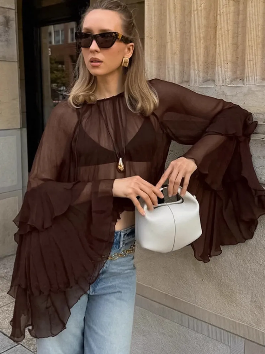 Chemisier en mousseline transparente à manches évasées pour femme - Style bohème marron volants étagés coupe ample - Idéal pour les soirées de printemps 2026