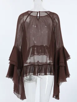 Chemisier en mousseline transparente à manches évasées pour femme - Style bohème marron volants étagés coupe ample - Idéal pour les soirées de printemps 2026