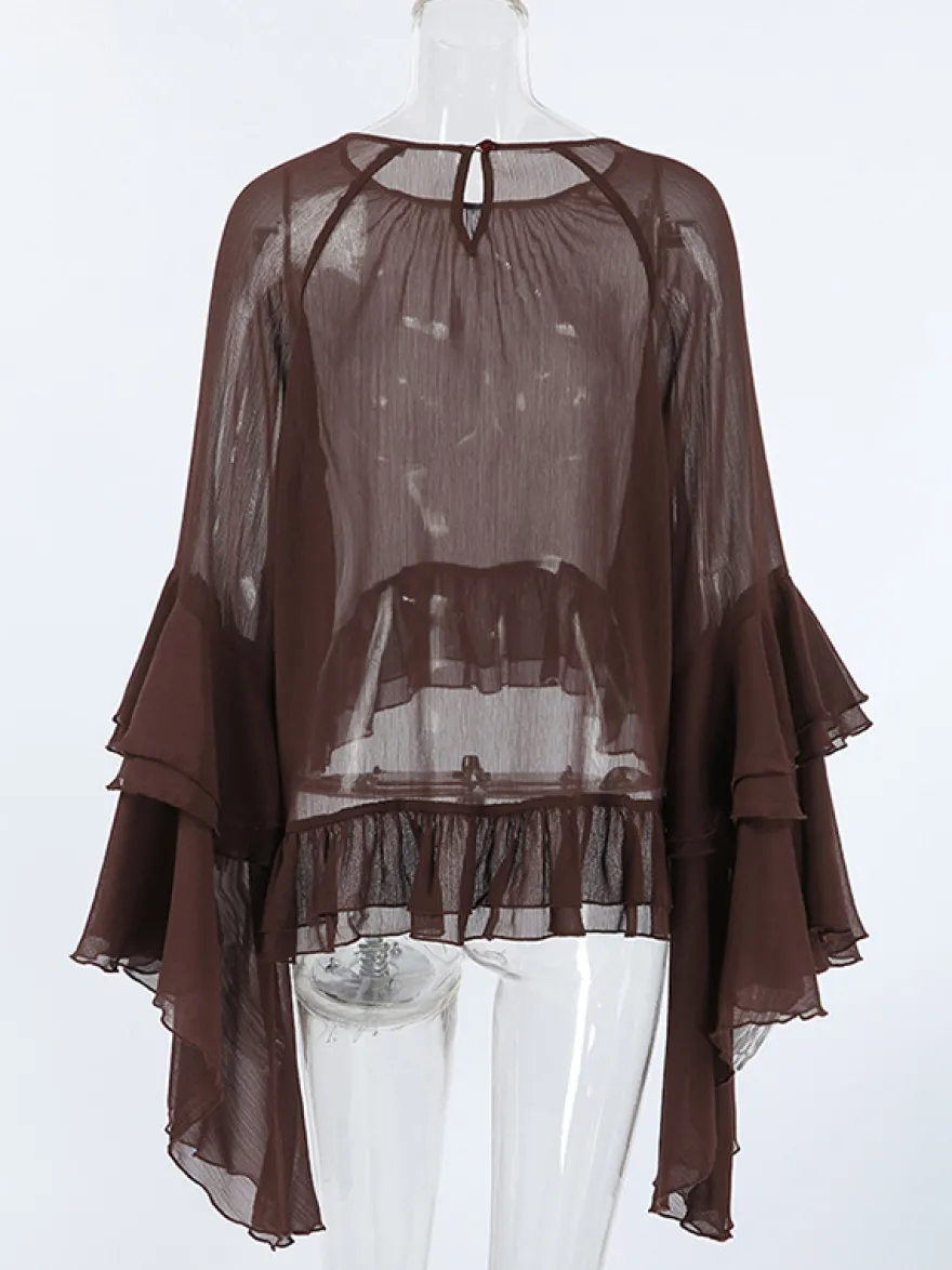 Chemisier en mousseline transparente à manches évasées pour femme - Style bohème marron volants étagés coupe ample - Idéal pour les soirées de printemps 2026