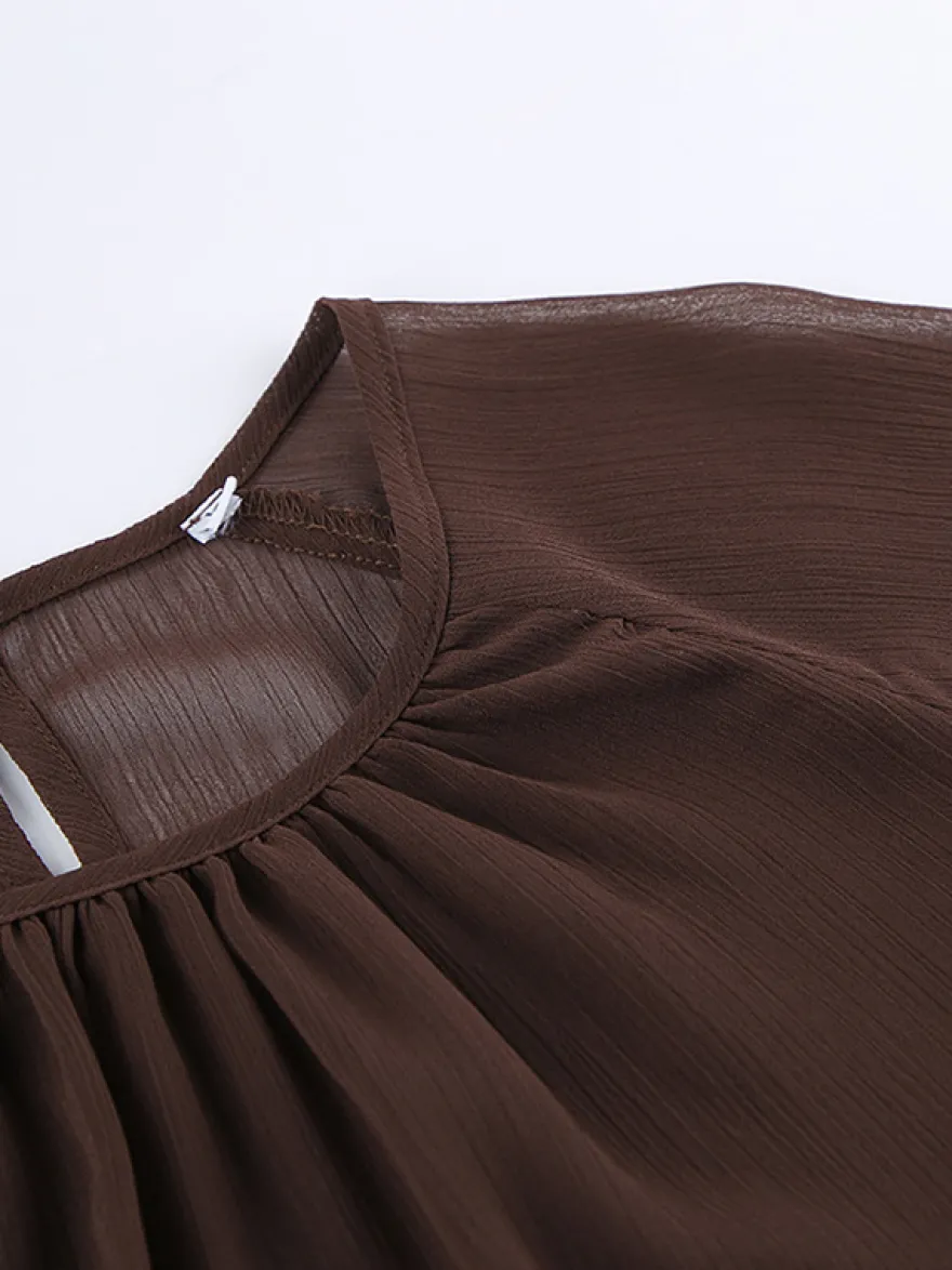Chemisier en mousseline transparente à manches évasées pour femme - Style bohème marron volants étagés coupe ample - Idéal pour les soirées de printemps 2026