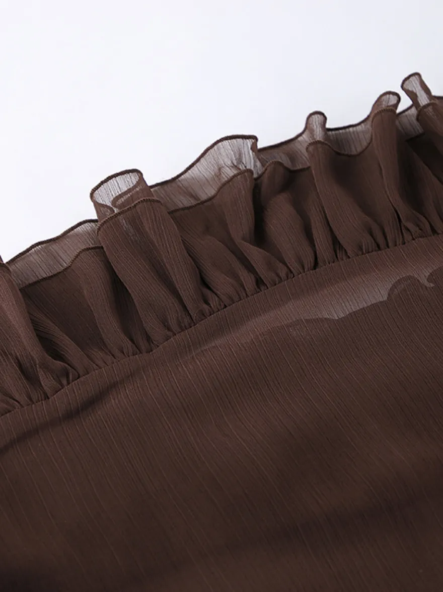 Chemisier en mousseline transparente à manches évasées pour femme - Style bohème marron volants étagés coupe ample - Idéal pour les soirées de printemps 2026