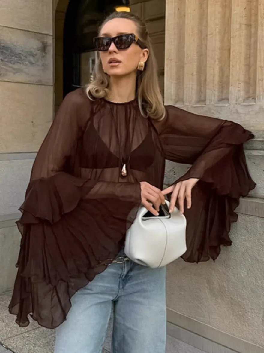 Chemisier en mousseline transparente à manches évasées pour femme - Style bohème marron volants étagés coupe ample - Idéal pour les soirées de printemps 2026