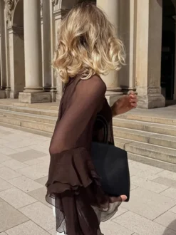 Chemisier en mousseline transparente à manches évasées pour femme - Style bohème marron volants étagés coupe ample - Idéal pour les soirées de printemps 2026