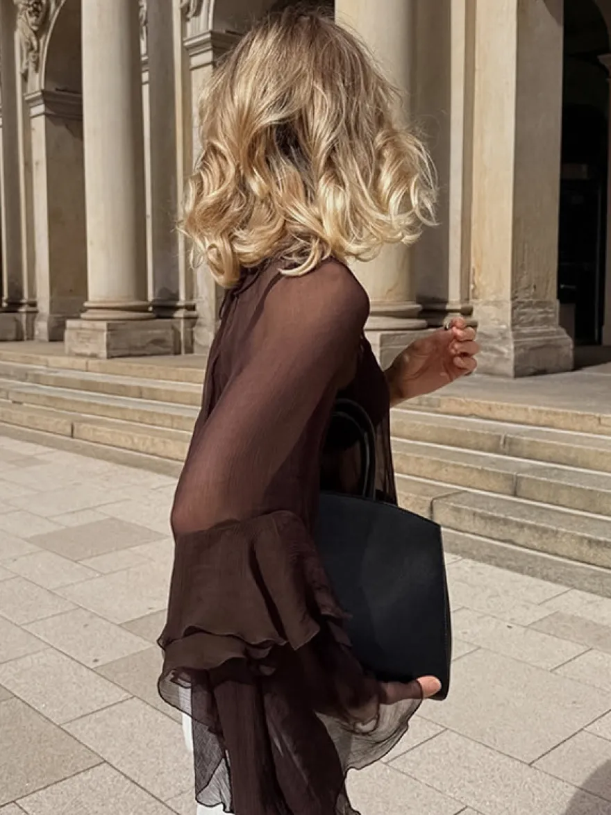Chemisier en mousseline transparente à manches évasées pour femme - Style bohème marron volants étagés coupe ample - Idéal pour les soirées de printemps 2026