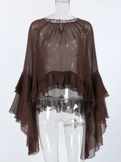 Chemisier en mousseline transparente à manches évasées pour femme - Style bohème marron volants étagés coupe ample - Idéal pour les soirées de printemps 2026