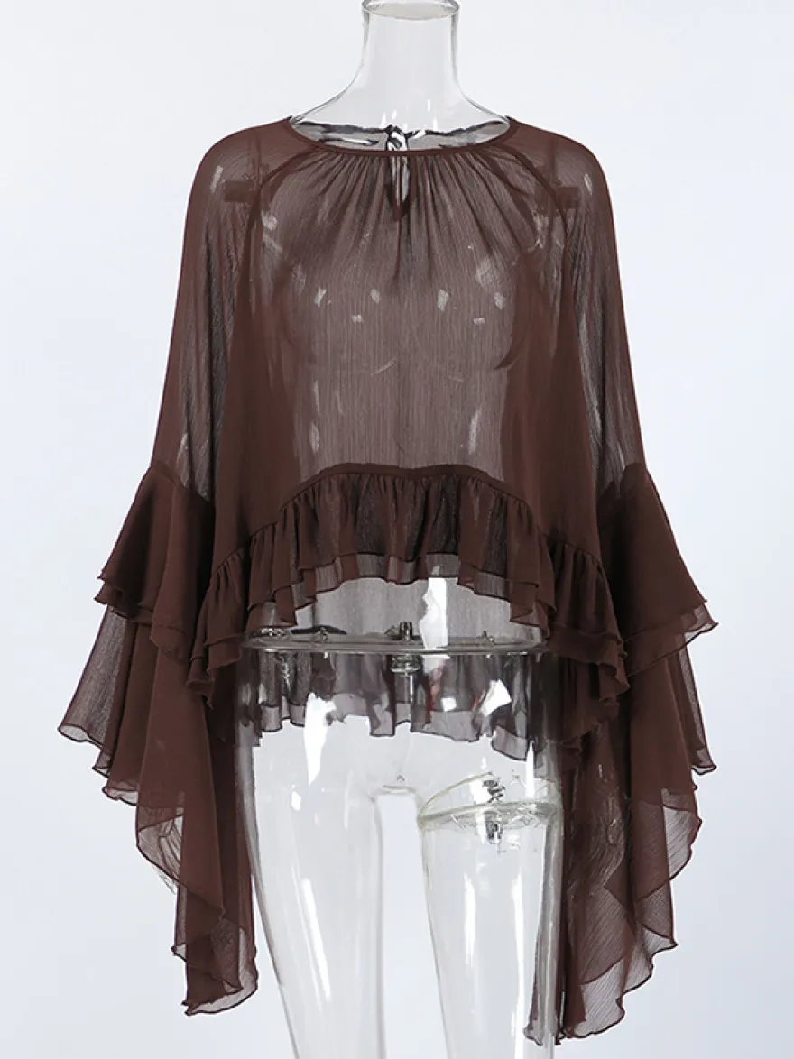Chemisier en mousseline transparente à manches évasées pour femme - Style bohème marron volants étagés coupe ample - Idéal pour les soirées de printemps 2026