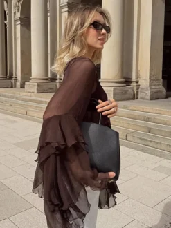 Chemisier en mousseline transparente à manches évasées pour femme - Style bohème marron volants étagés coupe ample - Idéal pour les soirées de printemps 2026