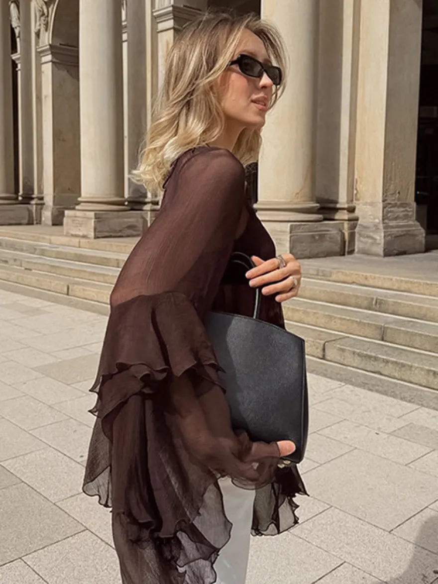 Chemisier en mousseline transparente à manches évasées pour femme - Style bohème marron volants étagés coupe ample - Idéal pour les soirées de printemps 2026
