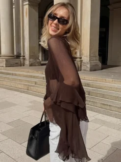 Chemisier en mousseline transparente à manches évasées pour femme - Style bohème marron volants étagés coupe ample - Idéal pour les soirées de printemps 2026