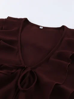 Chemisier en mousseline à volants pour femme - Bordeaux élégant à manches longues évasées et nœud sur le devant - Idéal pour le printemps du bureau au dîner (2026)