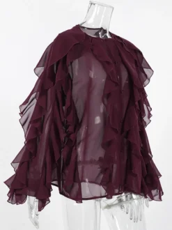 Chemisier en mousseline à volants pour femme haut chic et transparent - Rouge vin rétro victorien à manches évasées - Collection Printemps 2026