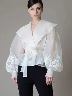 Chemisier en organza brodé à manches bouffantes pour femme - Chemise portefeuille transparente abricot bohème à nouer à la taille - Garden Party d'été 2026