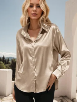 Chemisier en satin à manches longues et col à revers boutonné couleur unie ample et élégant pour femme