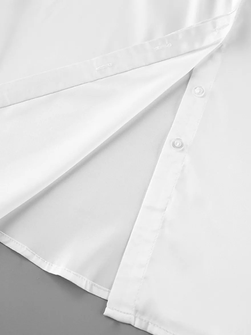 Chemisier élégant à manches cloche en satin pour femme - Blanc soyeux poignets évasés fermeture boutonnée - Printemps 2026