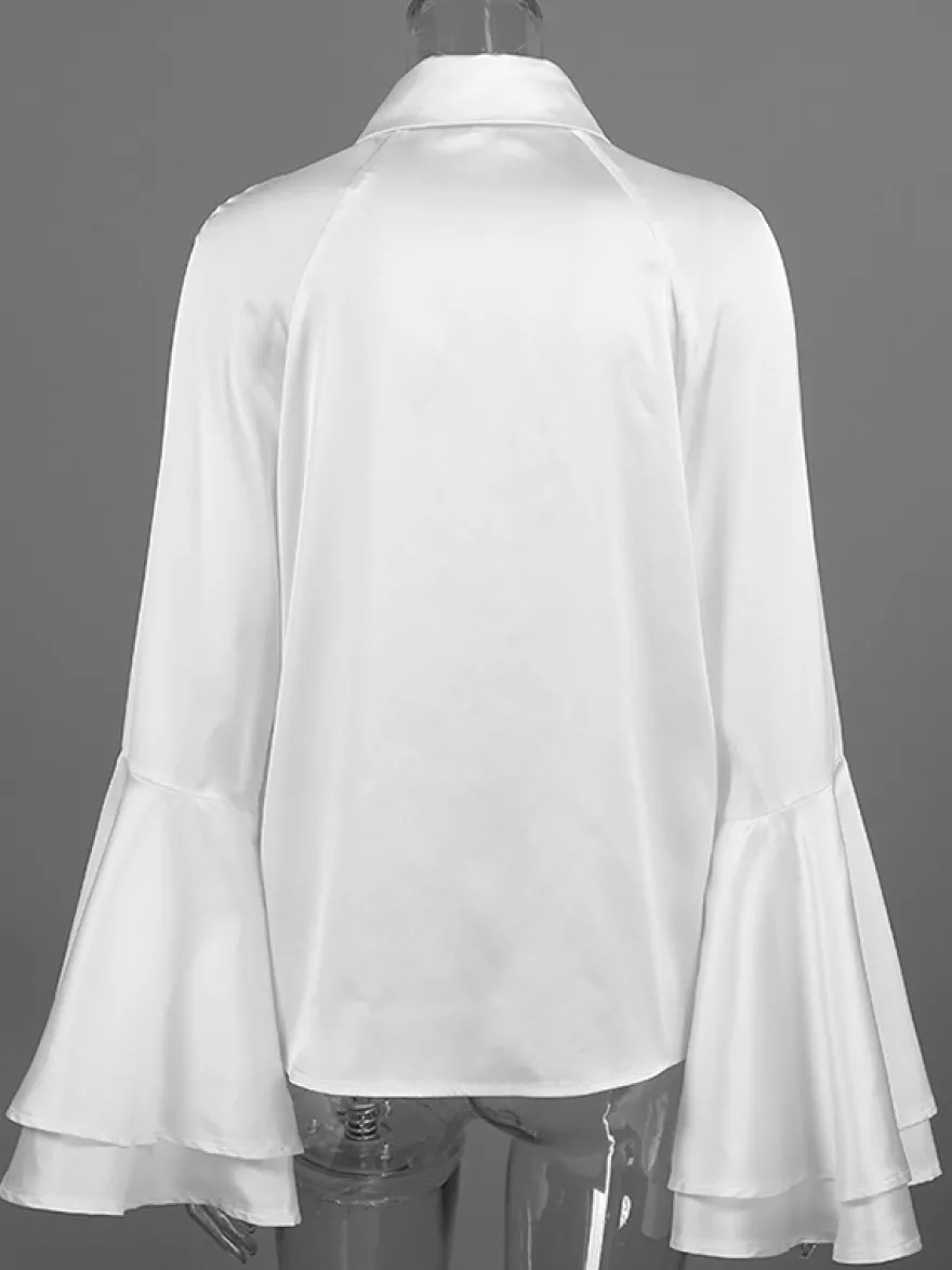 Chemisier élégant à manches cloche en satin pour femme - Blanc soyeux poignets évasés fermeture boutonnée - Printemps 2026