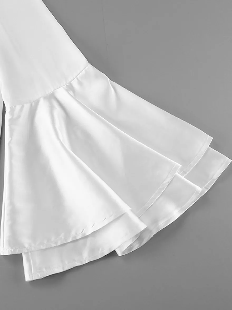 Chemisier élégant à manches cloche en satin pour femme - Blanc soyeux poignets évasés fermeture boutonnée - Printemps 2026