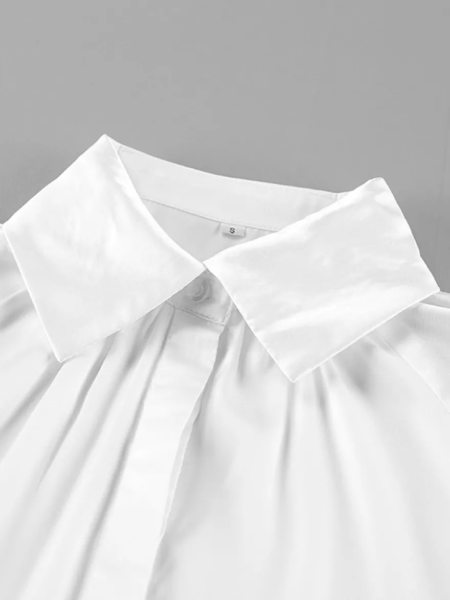 Chemisier élégant à manches cloche en satin pour femme - Blanc soyeux poignets évasés fermeture boutonnée - Printemps 2026