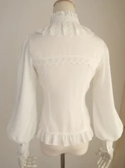 Chemisier Lolita en mousseline de soie blanc Manches longues Gigot Volants Col montant