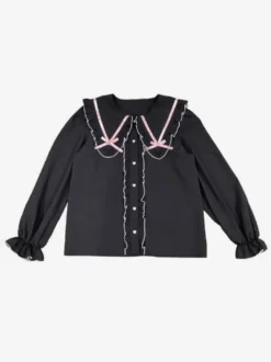 Chemisier Lolita à lacets et volants col rond manches longues