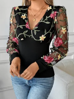 Chemisier à manches longues et col en V brodé de fleurs pour femme 2026