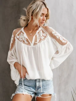 Chemisier Pour Femme Blanc Fleurs Transparentes Brodées Bohème Manches Longues Tops