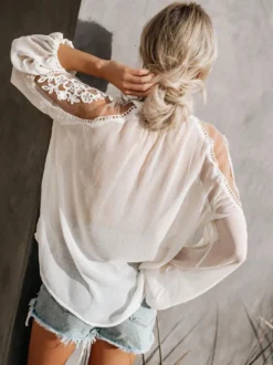 Chemisier Pour Femme Blanc Fleurs Transparentes Brodées Bohème Manches Longues Tops