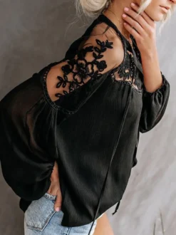 Chemisier Pour Femme Blanc Fleurs Transparentes Brodées Bohème Manches Longues Tops