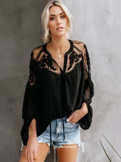 Chemisier Pour Femme Blanc Fleurs Transparentes Brodées Bohème Manches Longues Tops