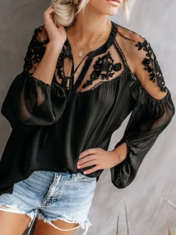 Chemisier Pour Femme Blanc Fleurs Transparentes Brodées Bohème Manches Longues Tops