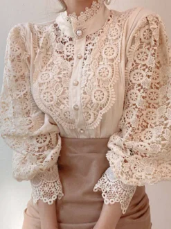 Chemisier Pour Femme Rose Dentelle Découpé Col Haut Décontracté Manches Longues Dentelle Tops