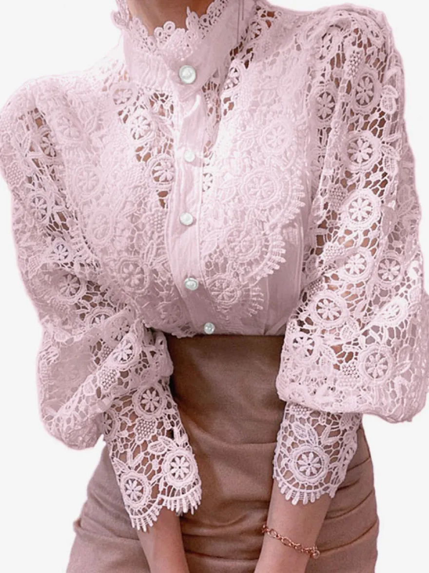 Chemisier Pour Femme Rose Dentelle Découpé Col Haut Décontracté Manches Longues Dentelle Tops