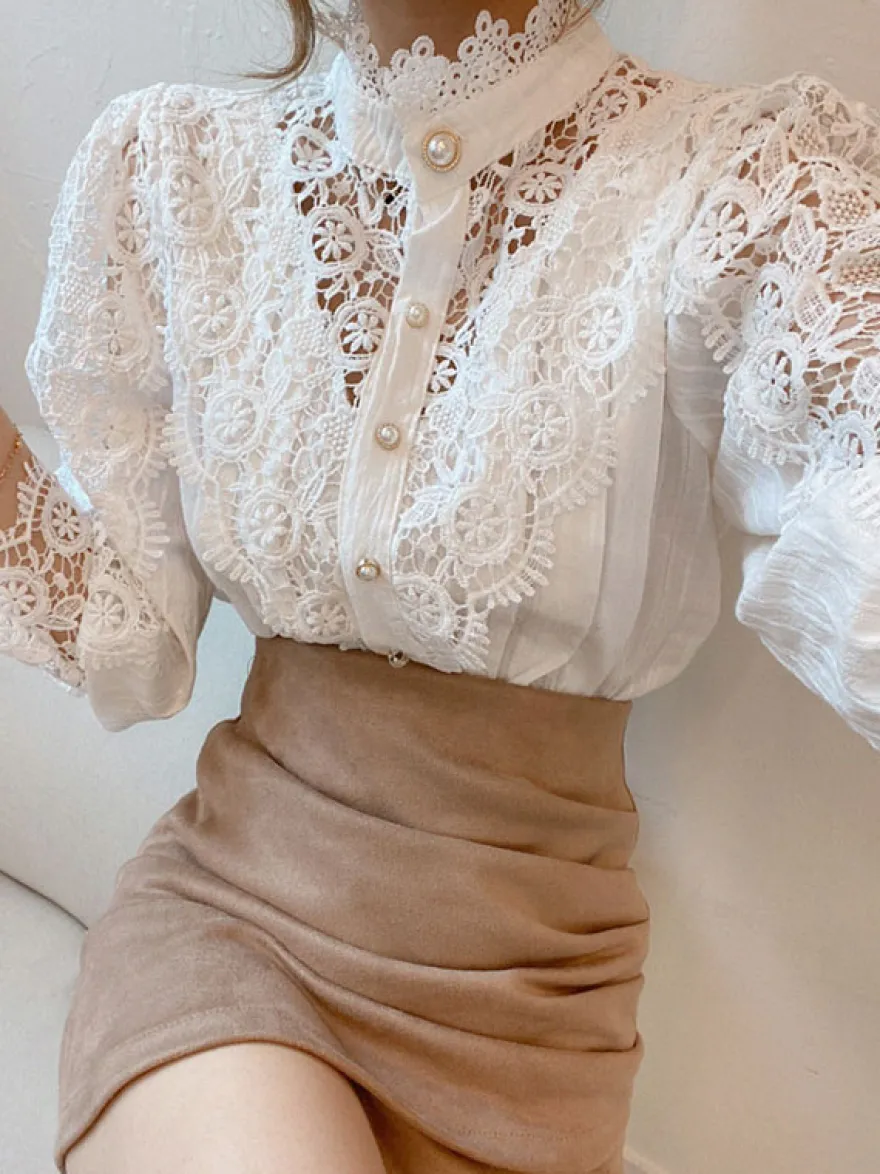 Chemisier Pour Femme Rose Dentelle Découpé Col Haut Décontracté Manches Longues Dentelle Tops
