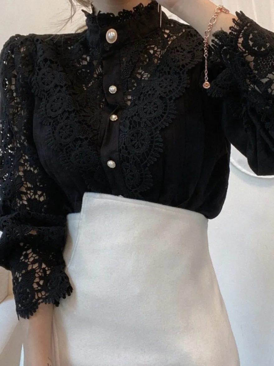Chemisier Pour Femme Rose Dentelle Découpé Col Haut Décontracté Manches Longues Dentelle Tops