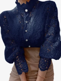 Chemisier Pour Femme Rose Dentelle Découpé Col Haut Décontracté Manches Longues Dentelle Tops