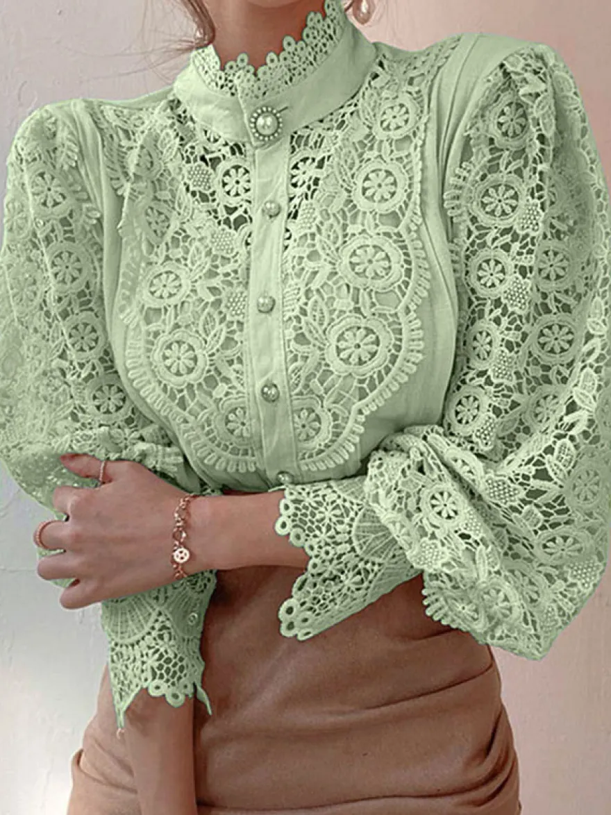 Chemisier Pour Femme Rose Dentelle Découpé Col Haut Décontracté Manches Longues Dentelle Tops