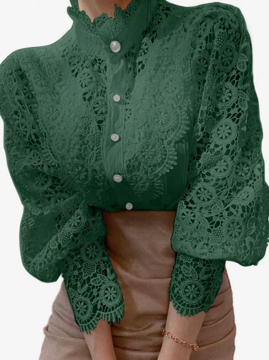 Chemisier Pour Femme Rose Dentelle Découpé Col Haut Décontracté Manches Longues Dentelle Tops