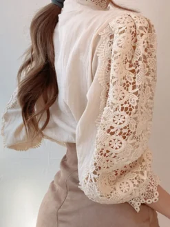 Chemisier Pour Femme Rose Dentelle Découpé Col Haut Décontracté Manches Longues Dentelle Tops