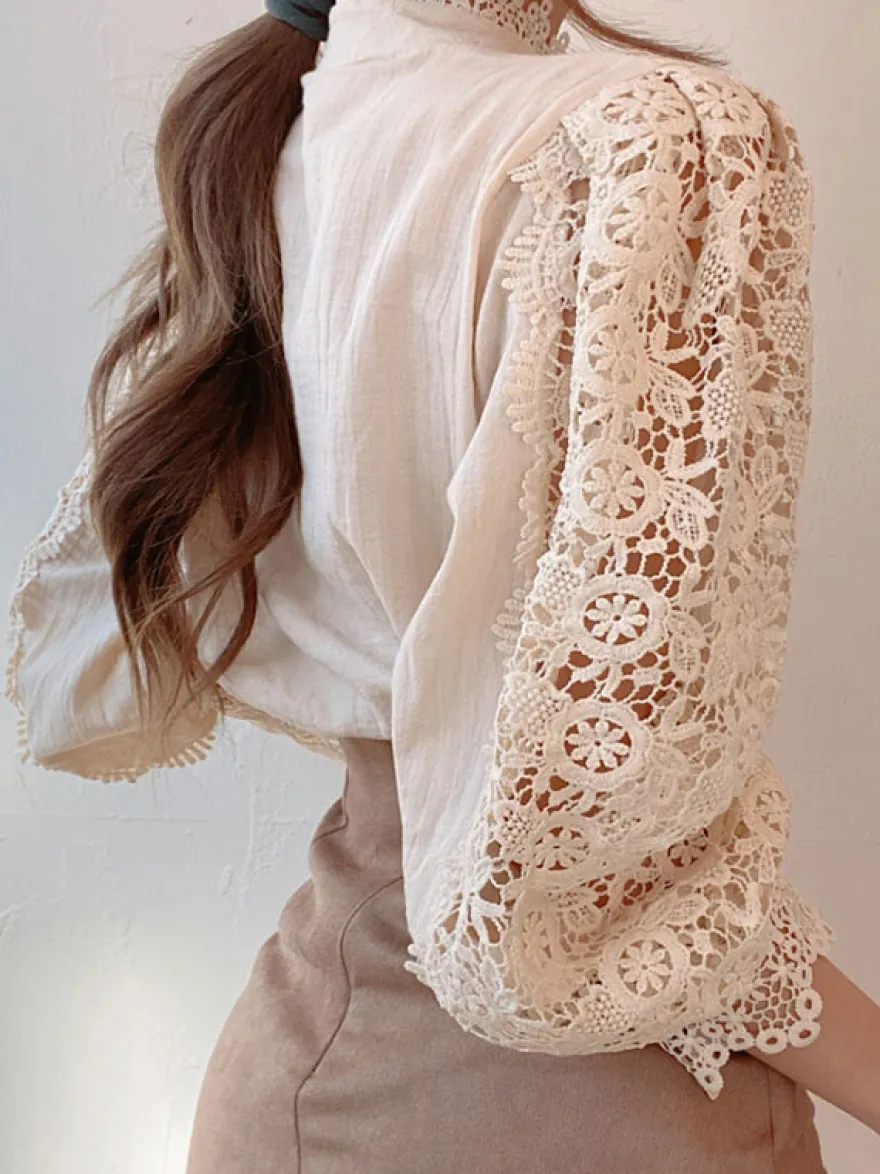 Chemisier Pour Femme Rose Dentelle Découpé Col Haut Décontracté Manches Longues Dentelle Tops