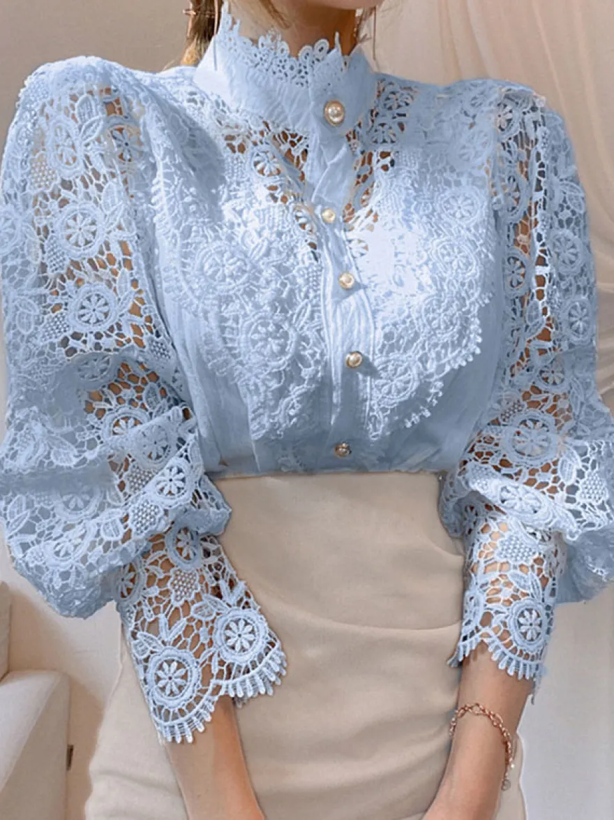 Chemisier Pour Femme Rose Dentelle Découpé Col Haut Décontracté Manches Longues Dentelle Tops