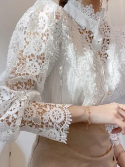 Chemisier Pour Femme Rose Dentelle Découpé Col Haut Décontracté Manches Longues Dentelle Tops