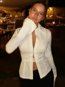 Chemisier péplum élégant et ajusté pour femme - Blouse vintage à manches cloche et taille nouée - Top chic Y2K pour un rendez-vous romantique au printemps 2026