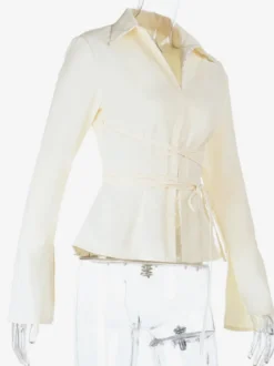 Chemisier péplum élégant et ajusté pour femme - Blouse vintage à manches cloche et taille nouée - Top chic Y2K pour un rendez-vous romantique au printemps 2026