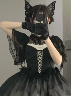 Chemisiers Gothiques Lolita Chemise Noire À Manches Courtes Volants En Dentelle Vintage