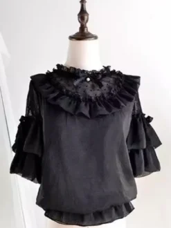 Chemisiers gothiques Lolita blancs à manches courtes et nœuds en dentelle haut Lolita en dentelle